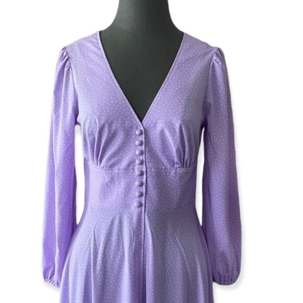 Lilac White Dot Fit Flare Maxi Dress L V-Neck Long Sleeve Prom Cocktail EXC - Picture 5 of 10